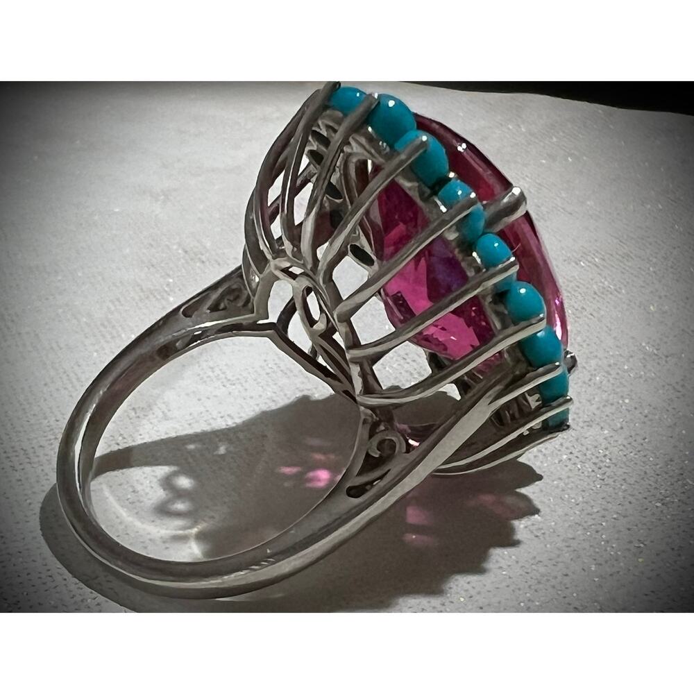 Pink Topaz & Sleeping Beauty Turquoise Halo Ring 925 Silver Sz 7 - Picture 7 of 7